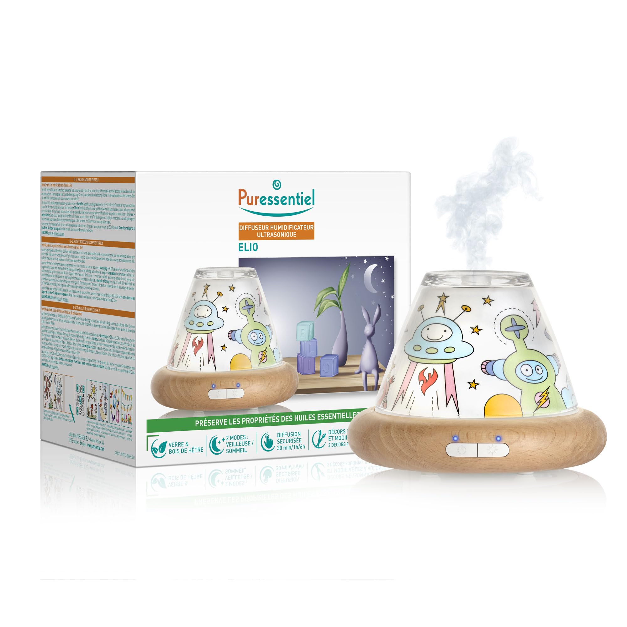 Puressentiel Diffuseur d'Huiles Essentielles Humidificateur ELIO | Modes veilleuse et sommeil pour les enfants. Décors personnalisables. Idée cadeau