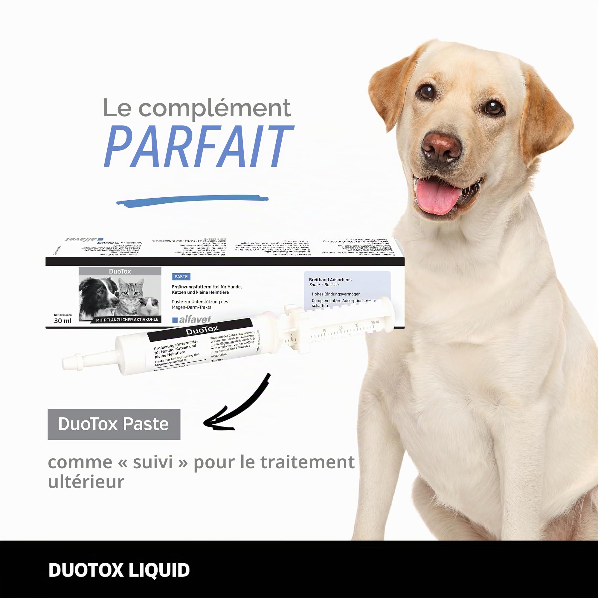 alfavet DuoTox Liquid Complément alimentaire aigu au charbon végétal et à la bentonite, pour soutenir le tractus gastro-intestinal chez les chiens, chats, petits animaux de compagnie, avec embout