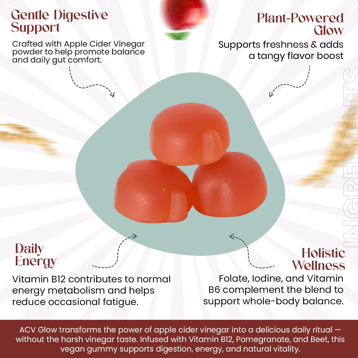 Everé ACV Glow Gummies – Apple Cider Vinegar with B12, B6, Iodine, Folate, Beetroot & Pomegranate – Daily Wellness Support for Energy & Balance