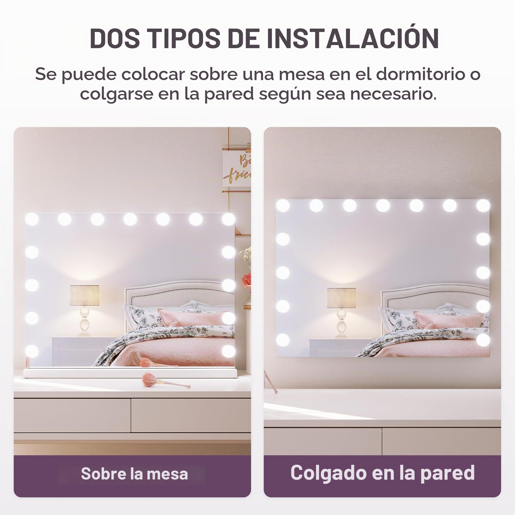 SONNI Hollywood - Espejo de maquillaje con luz (58 x 46 cm) | 3 colores de luz, regulable, función táctil y memoria, 15 bombillas LED. Ideal para maquillaje diario y como regalo
