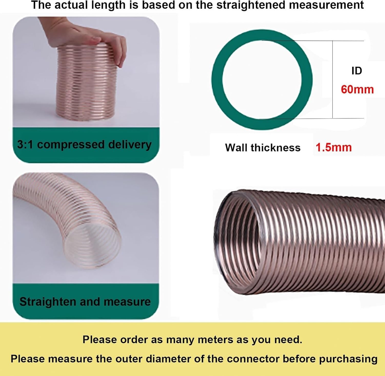 PUR Absaugschlauch 60mm Innendurchmesser, 1m flexibel transparent für Industrie Absauganlage Staubsauger Rohr, 1.5mm, 1.5mm