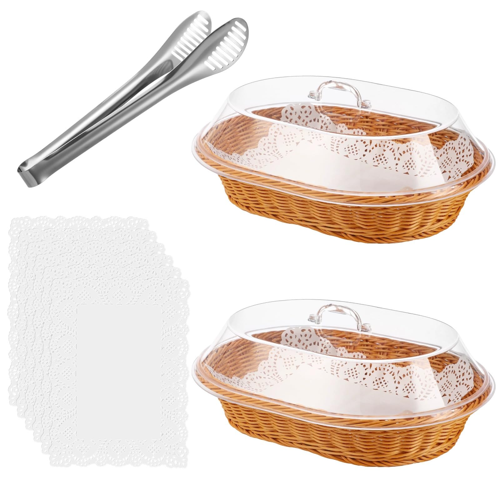 Cestas ovaladas de ratán para pan, 2 piezas con tapa y herramientas para servir, cestas tejidas de 15.7 pulgadas para exhibición de alimentos, forros incluidos, uso doméstico y panadería