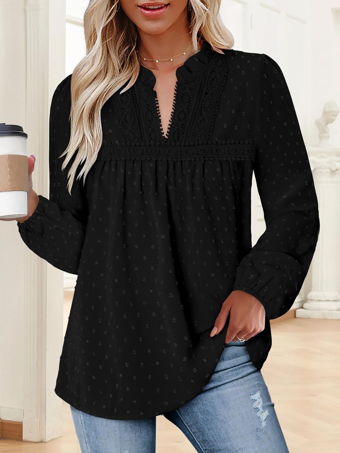 BETTE BOUTIK Womens Boho Fall Fashion Tops Long Sleeve Casual Shirts Flowy Swiss Dot Blouses - Image 3