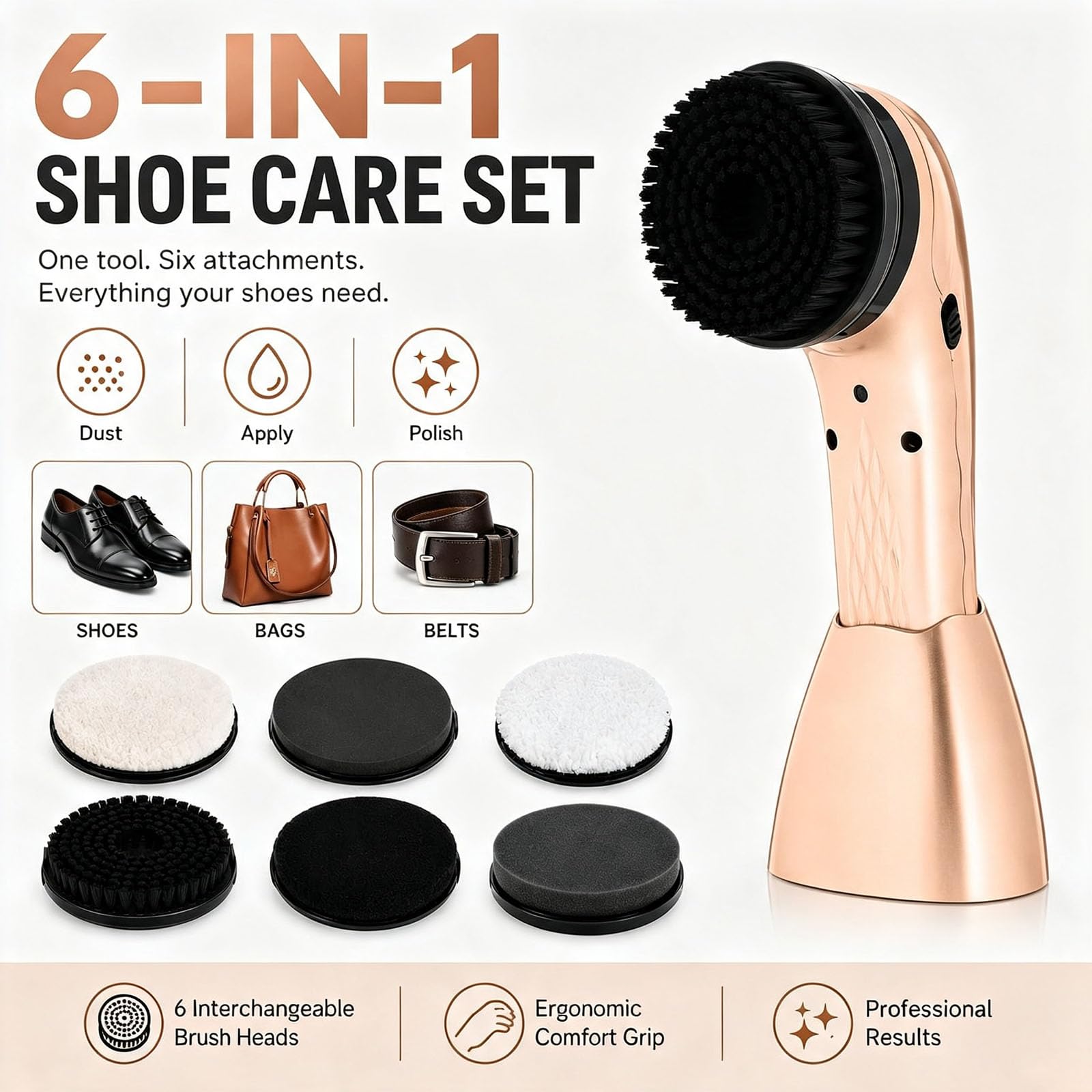 Lucidascarpe Elettrico Portatile, Kit per Lucidare Scarpe Ricaricabile, con 6 Testine, Base di Supporto, Testina Rotante, per Pulire E Lucidare Scarpe E Borse in Pelle