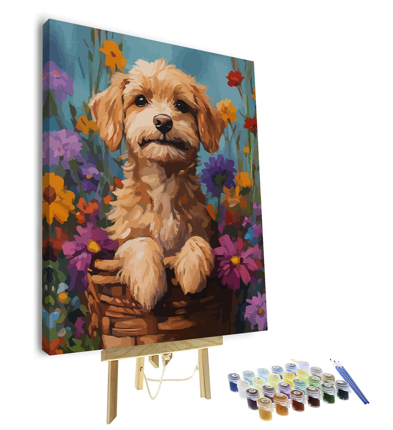 TISHIRON Paint by Numbers Kit for Adults - Adorable Small Dog in Woven Basket Pet Portrait Art Paint by Number, DIY Canvas Painting Kit for Beginners, Cute Animal Gift Idea - 16x20 Inch(Framed)