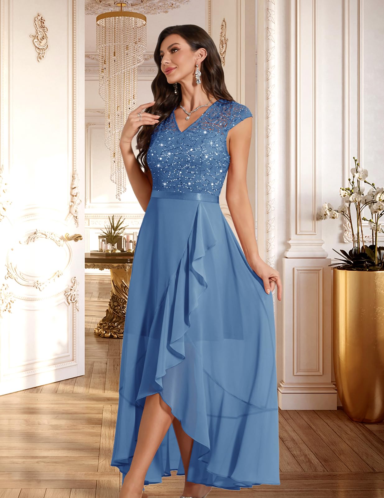 Bbonlinedress Abendkleid elegant für Hochzeit Glitzer Kleid Chiffon Abschlusskleid lang festliches Brautkleid Spitze Party Cocktailkleid