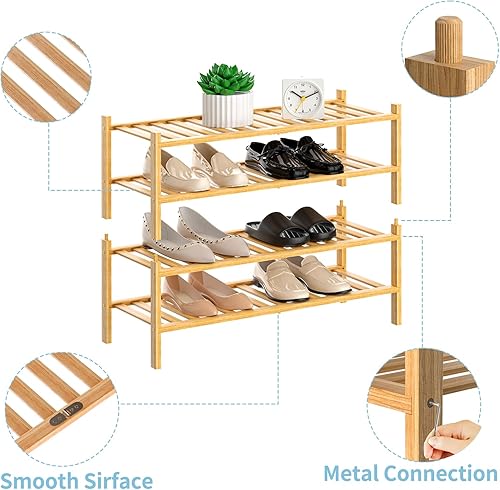 Miniatura 10 de Zapatero de bambú natural de 2 niveles, estante de almacenamiento apilable con combinaciones multifunción, zapateros independientes para una cómoda