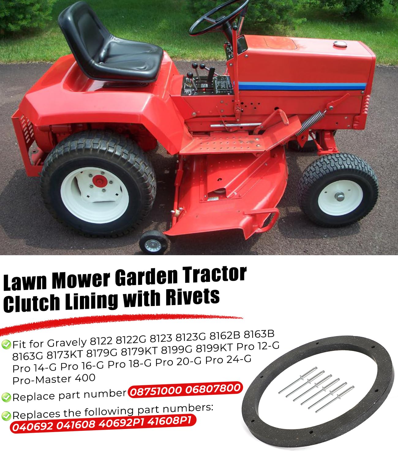 Forro de embrague para cortacésped Gravely con remaches de repuesto para 08751000 06807800 para modelos Gravely, piezas de embrague de resina