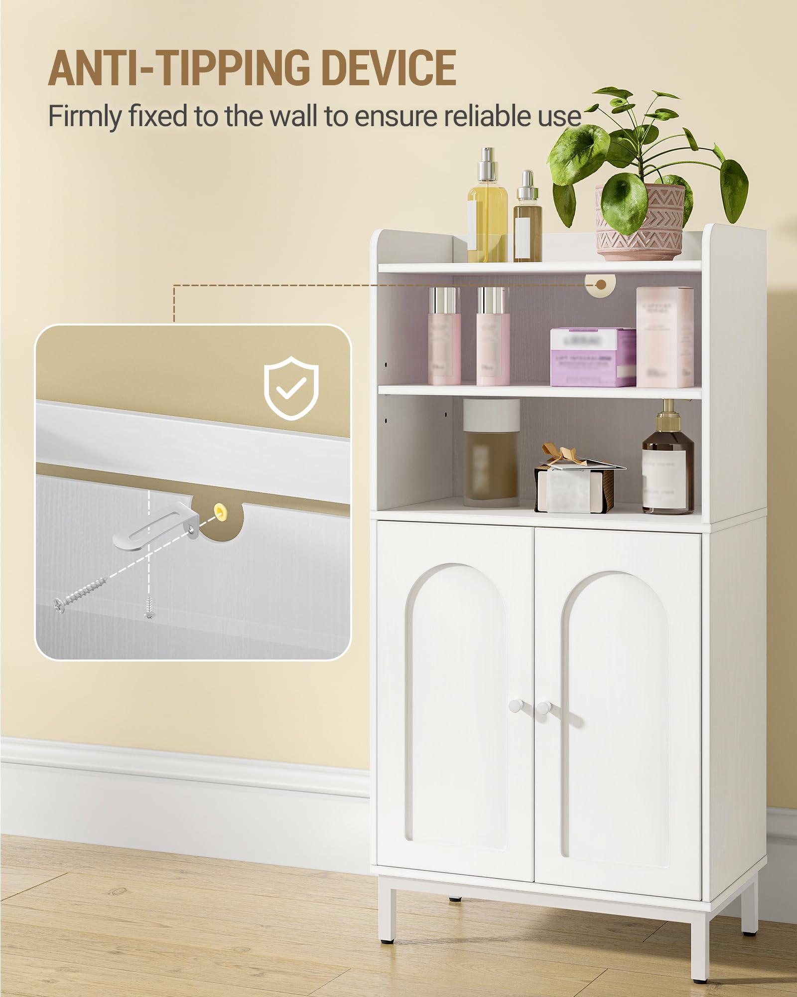 Hzuaneri Badezimmerschrank, Badschrank, Küchenschrank mit 2 offenen Fächern, 2 Türen, 2 verstellbaren Einlegeböden, Freistehender Badezimmer, 20 × 37 × 84 cm, Weiß BC48213W