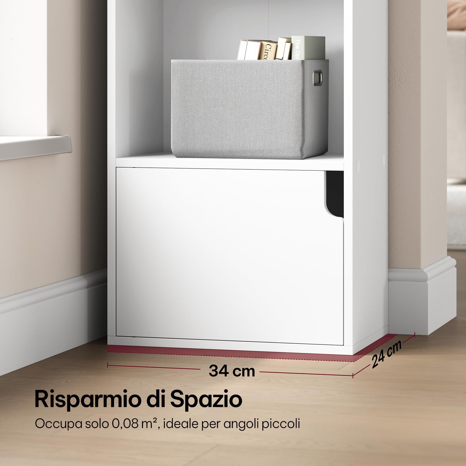 eSituro Libreria 3 Scomparti 1 Armadietto 34x24x106 cm Bianco | Verticale; Truciolare e MDF; Salvaspazio; Studio ufficio; Montaggio facile