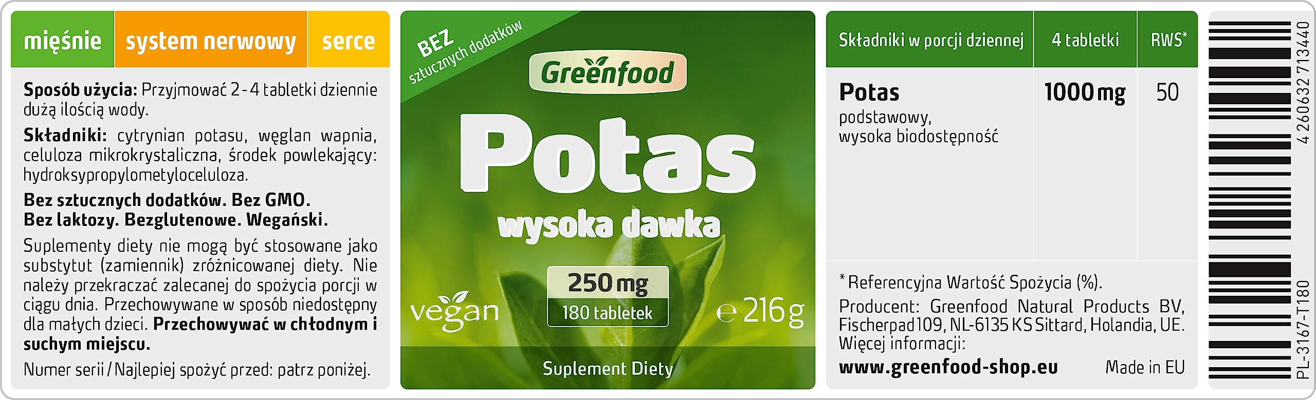 Greenfood Potas, 250 mg, 180 tabletek - wspomaga prawidłowy układ nerwowy, pracę mięśni i ciśnienie krwi. BEZ sztucznych dodatków. Bez technologii genetycznej. Wegańskie.