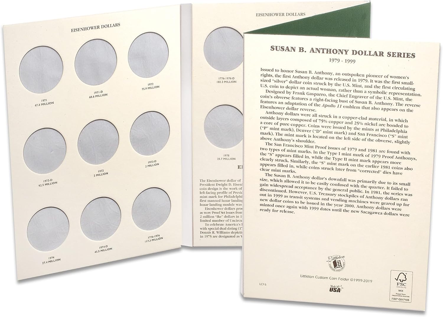 Littleton Coin Company 1971-1999 Susan B. Anthony & Eisenhower Dollar Folder Coin Storage