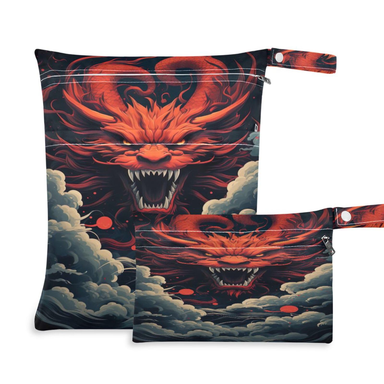 Coikll Wet Dry Bags for Cloth Diaper 2 Pack Waterproof Yoga Gym Bag for Swimsuit Wet Clothes Baby Items-?Red Dragon Pattern?