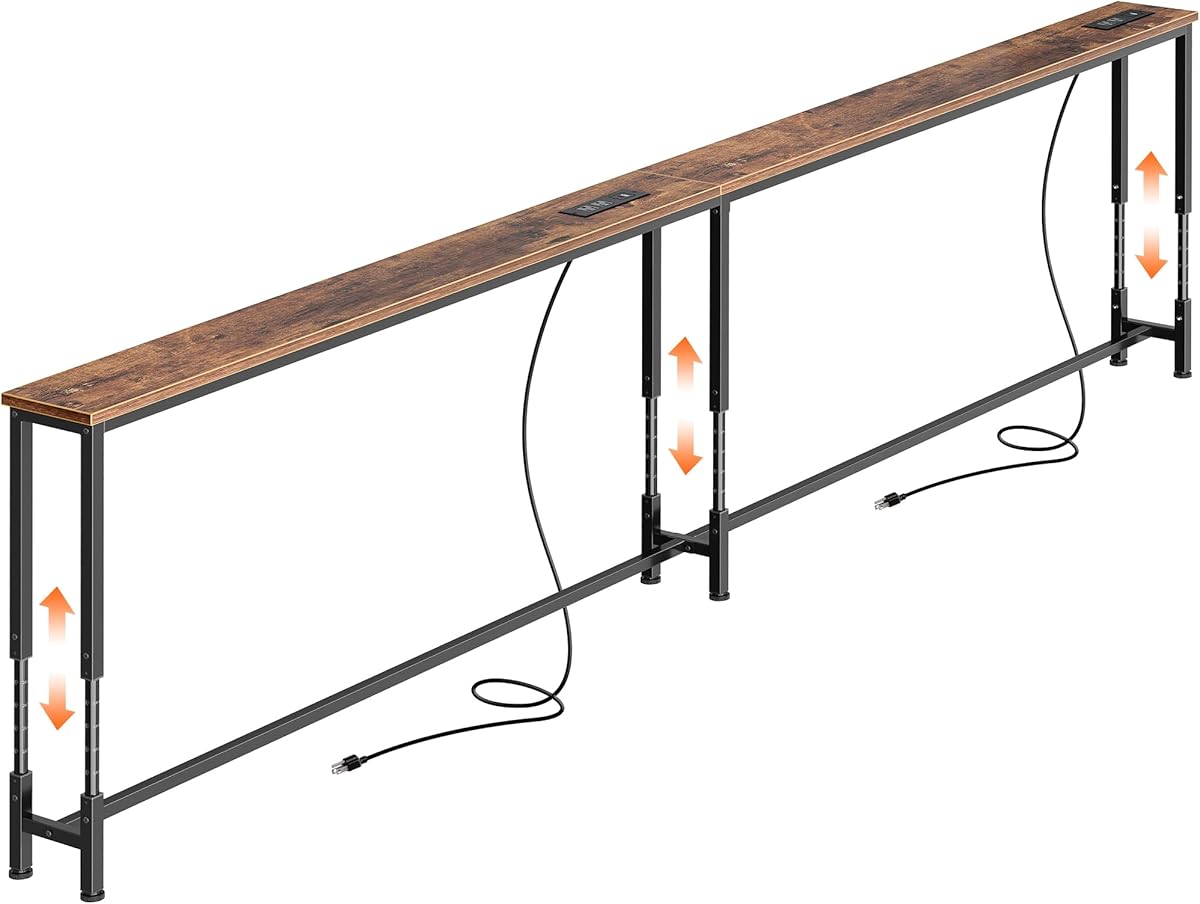 Huuger 102.4 Inch Sofa Table with Power Outlets, 23.9’’-34.4’’ Height Adjustable Range, Behind Couch Table with USB-C Ports, Sofa Tables Narrow Long, Skinny Console Table, Small Spaces, Rustic Brown