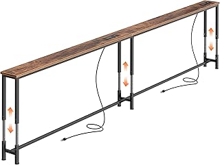 Huuger 102.4 Inch Sofa Table with Power Outlets, 23.9’’-34.4’’ Height Adjustable Range, Behind Couch Table with USB-C Ports, Sofa Tables Narrow Long, Skinny Console Table, Small Spaces, Rustic Brown