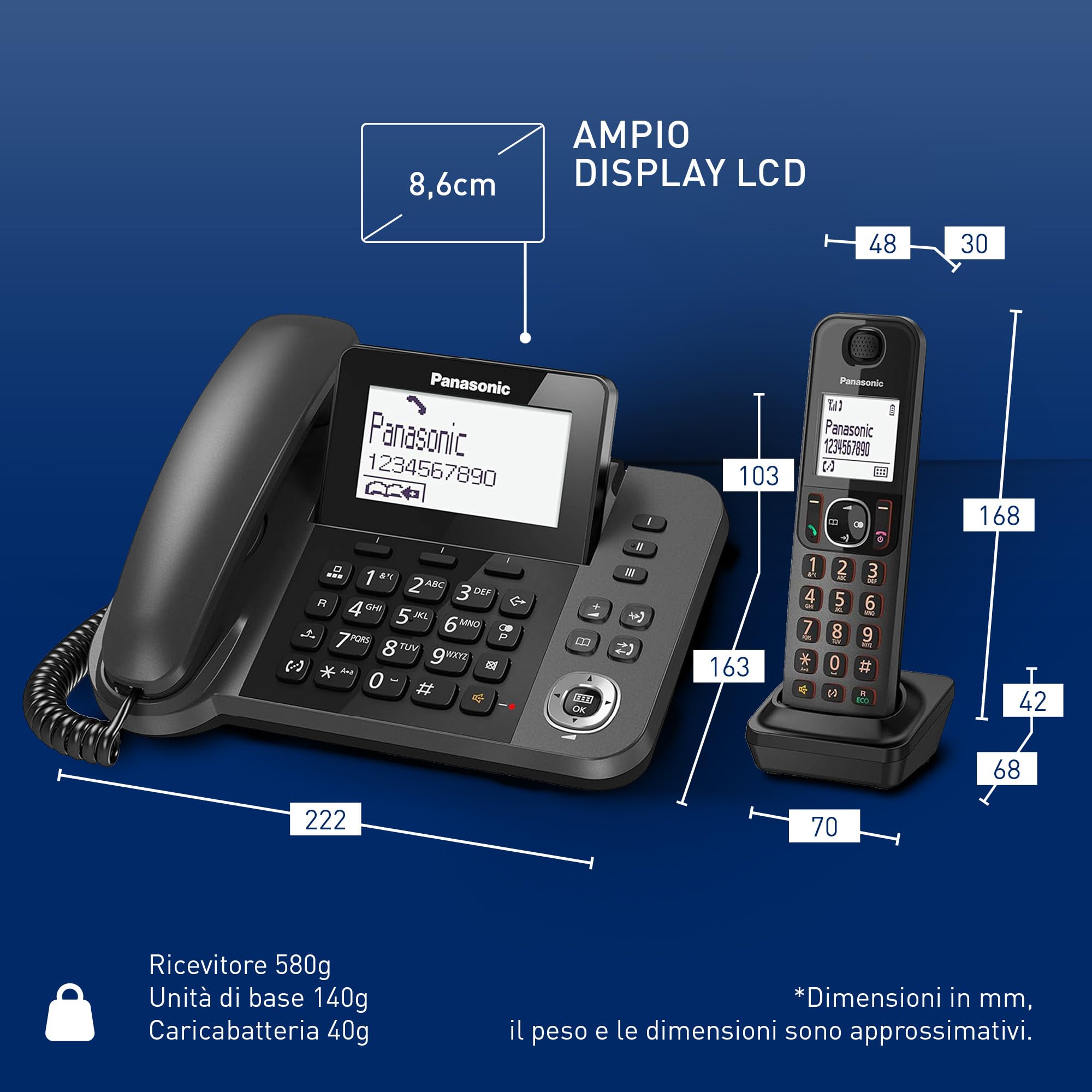 Panasonic KX-TGF310EXM Telefono Digitale Cordless/con Filo, Base e Ricevitore Singolo, Vivavoce, Display LCD Inclinabile, Blocco Chiamate Indesiderate, Alimentazione di Emergenza, Sicurezza DECT, Nero