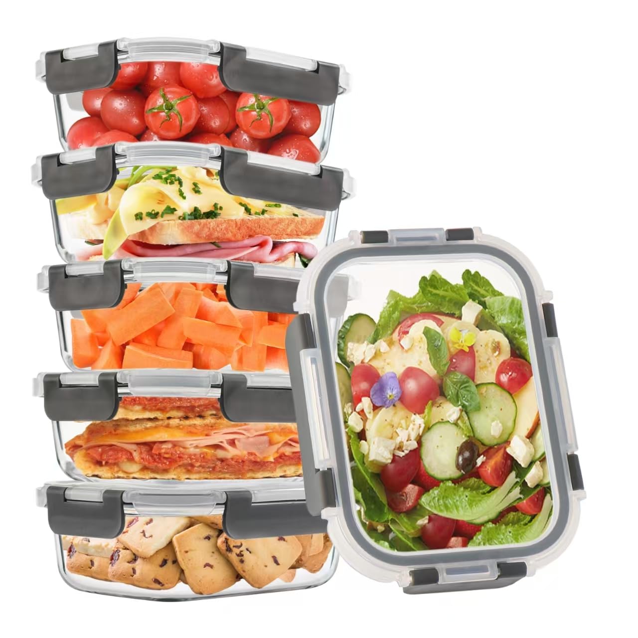 6 x 625 ml Glasbehälter für Mahlzeiten, Lebensmittelbehälter-Sets mit auslaufsicheren Schnappdeckeln für Mikrowelle, Ofen, Gefrierschrank und Spülmaschine (Grau, 625 ml)