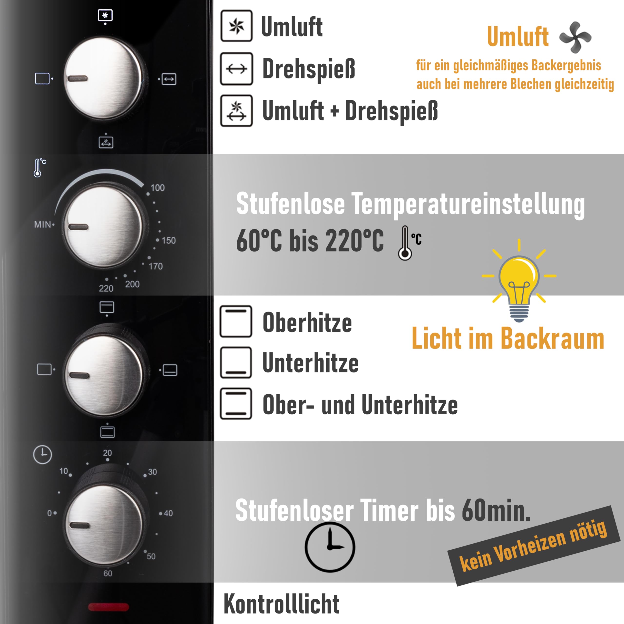 Minibackofen 45 Liter mit Glasfront und 2.000 Watt | Mini Backofen mit Umluft, Drehspieß und Krümelblech | Ober-/Unterhitze | Konvektion | 60 min Timer | Neues luft-isolierten Gehäuse, Mini-Ofen
