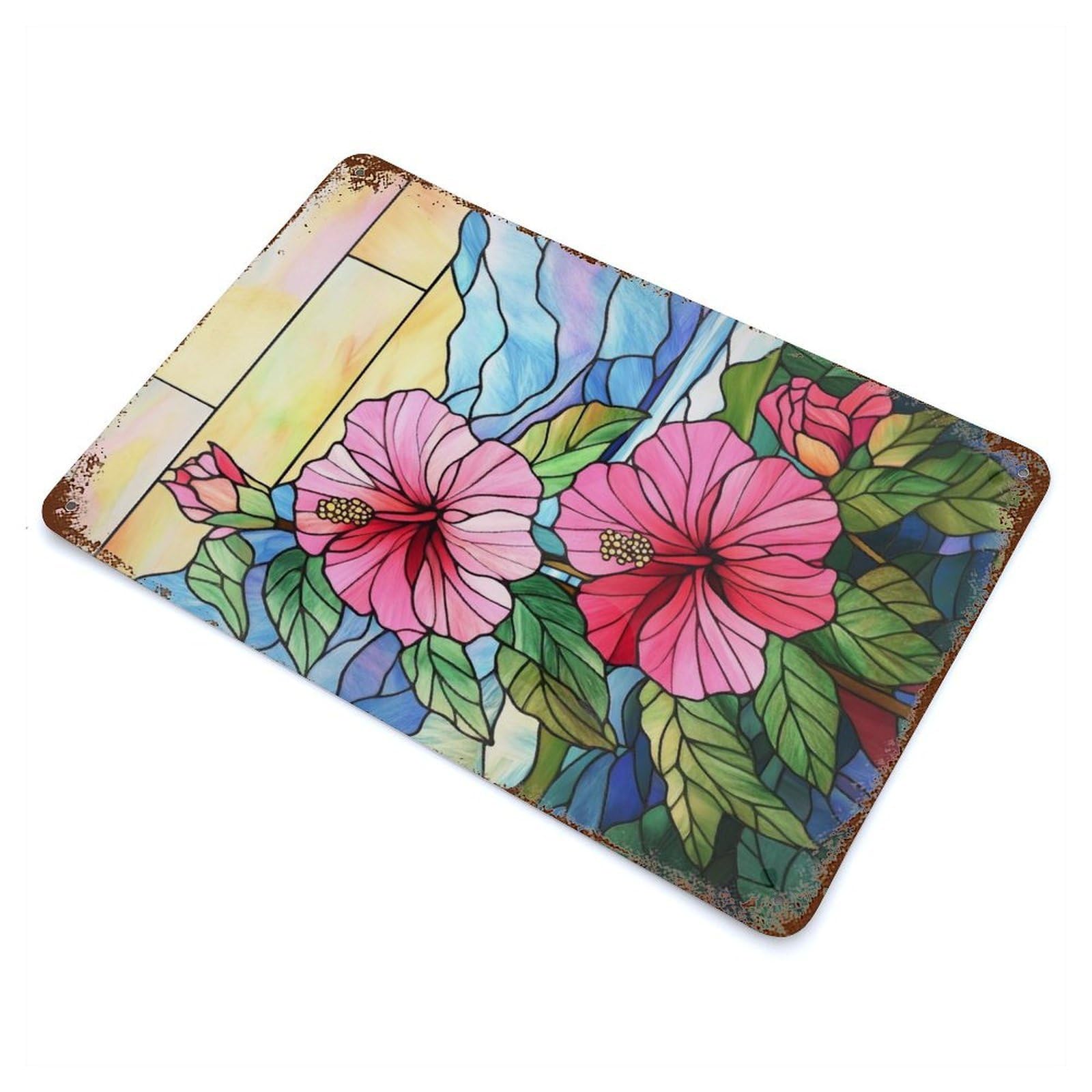 Garage Style Stained Glass Hibiscus Aged Metal Wall Plaque 11.8"x7.9", Decorative Metal Wall Art for Bar And Workshop