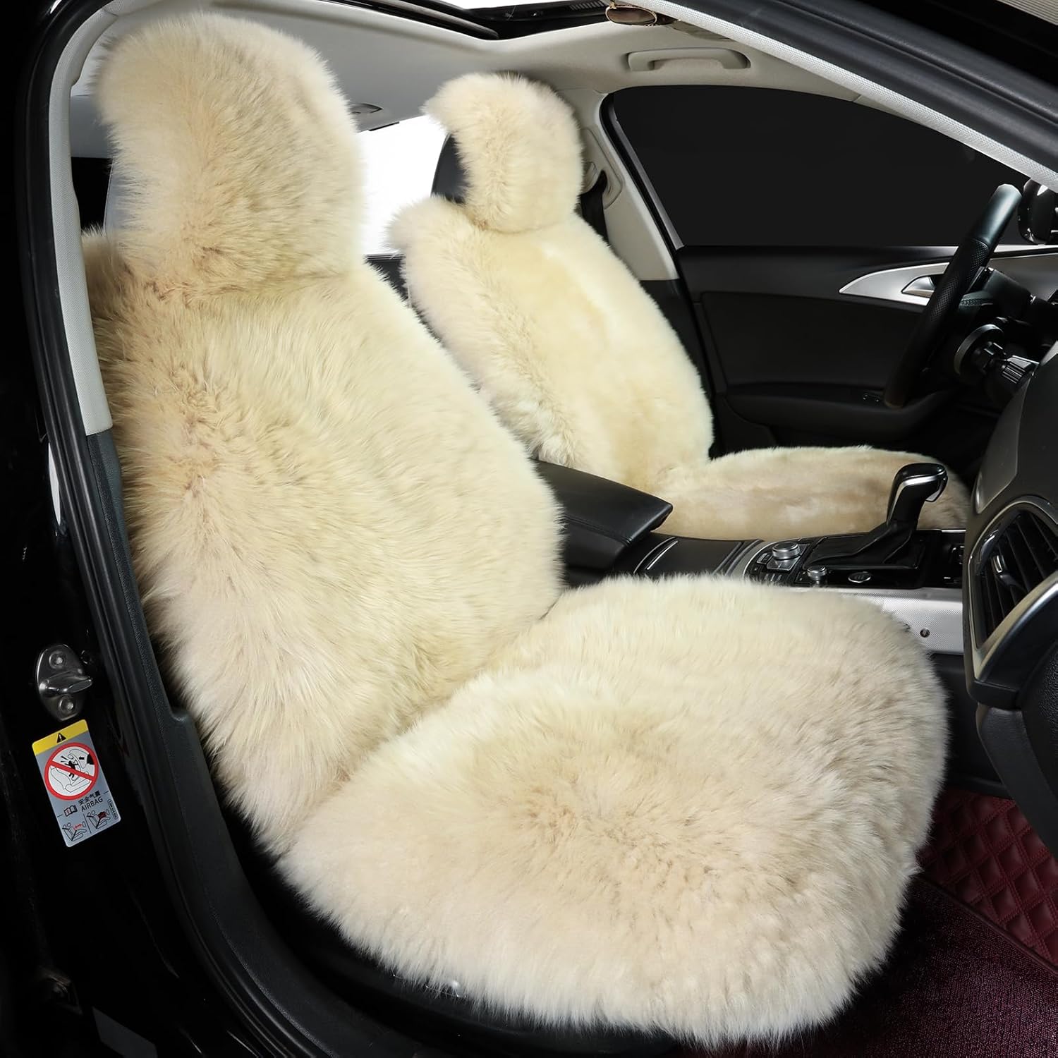 OGLAND 2 Pack Fluffy Sheepskin Car Seat Cover-Fuzzy Fur Auto Cushion for Universal Automotive Protector (Linen Color, 2 Pcs Front Seat Cover)