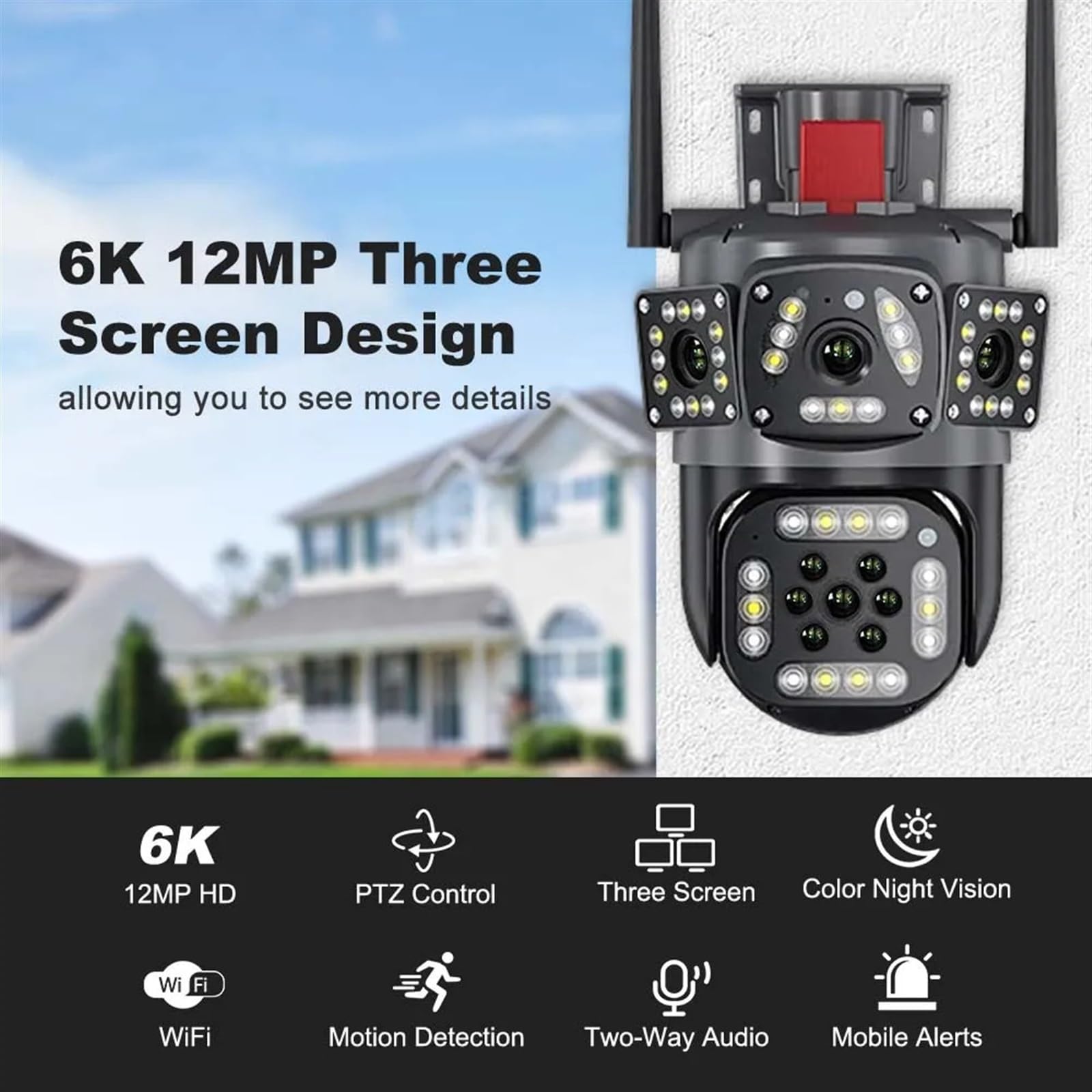 Telecamera di sicurezza, Telecamera IP 12MP 6K Tre schermi Zoom 8X di sicurezza wireless esterna Ai Tracking 4K CCTV Cam Telecamere sorveglianza(12MP 6K Add 128G)