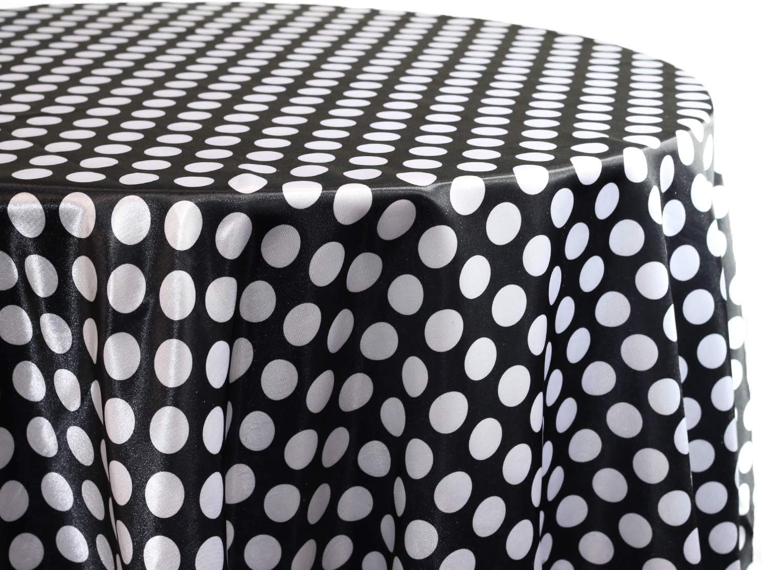 YOUR CHAIR COVERS - 120 inch Round Satin Tablecloth Black/White Polka Dot, Table Linens for 5 ft Banquet Tables