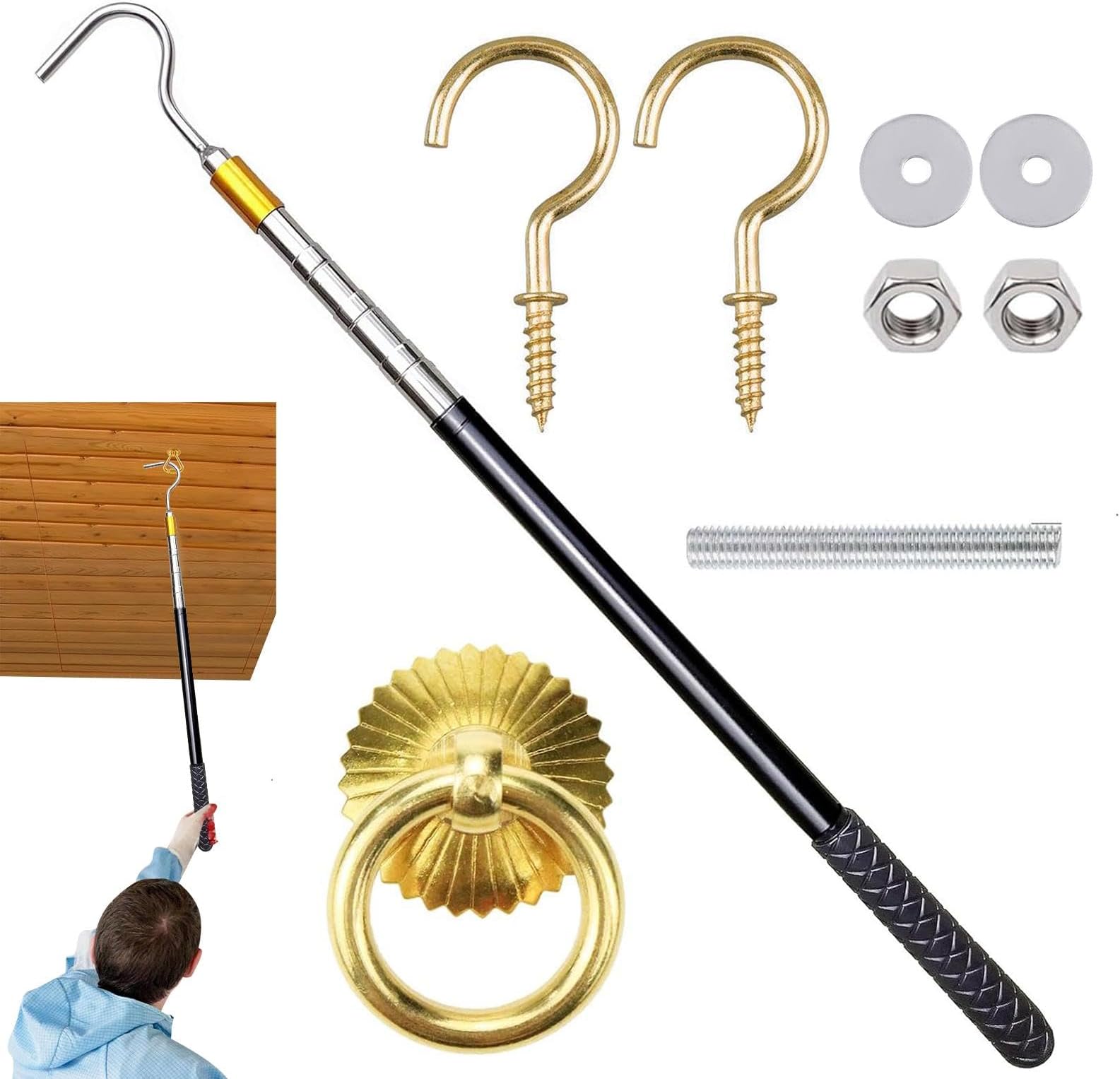 Attic Ladder Pull System Kit, Ladder Hoist System Set, Ladder Traction System,Metal Attic Pull Down Hook Extendable 56-164cm, Attic Pull Down System Hook Parts Replacement For Home, Repair Shop, Hotel