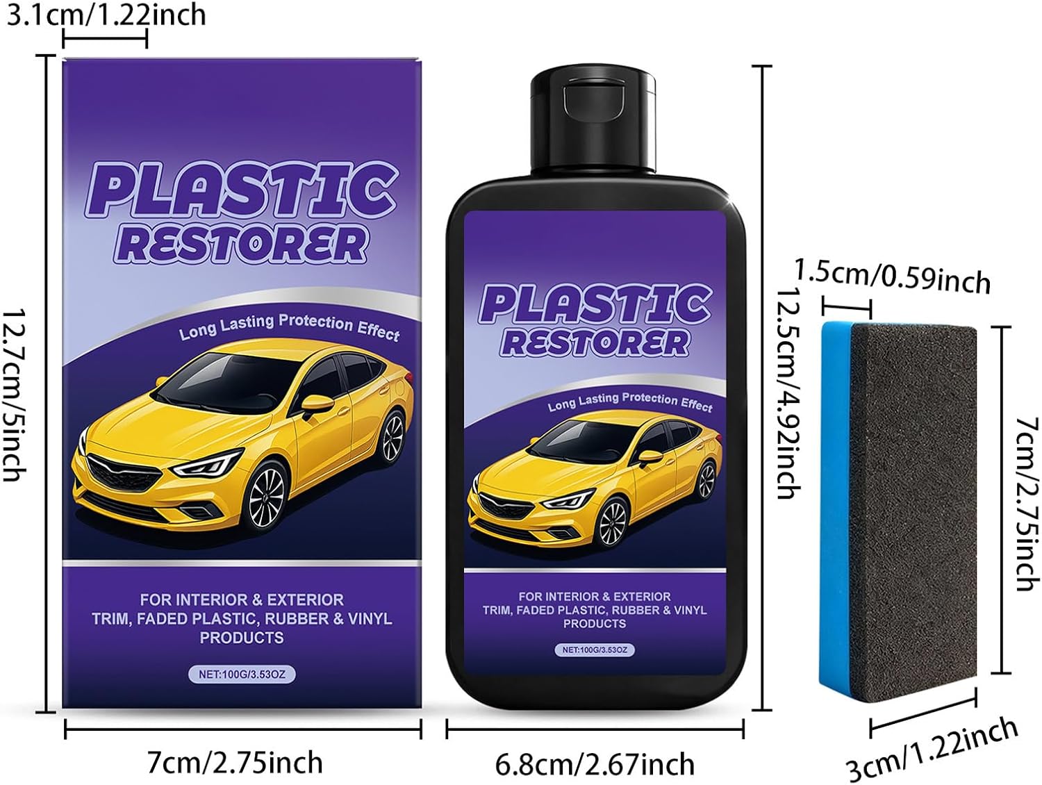 Car Trim Restorer - 100g with Sponge UV Barrier Paste, Car Scratch Remover, Anti-Fade Formula, Automotive Care, for Bumper Dashboard Rubber Seat Boat Upholstery, Rated Auto Care Tool