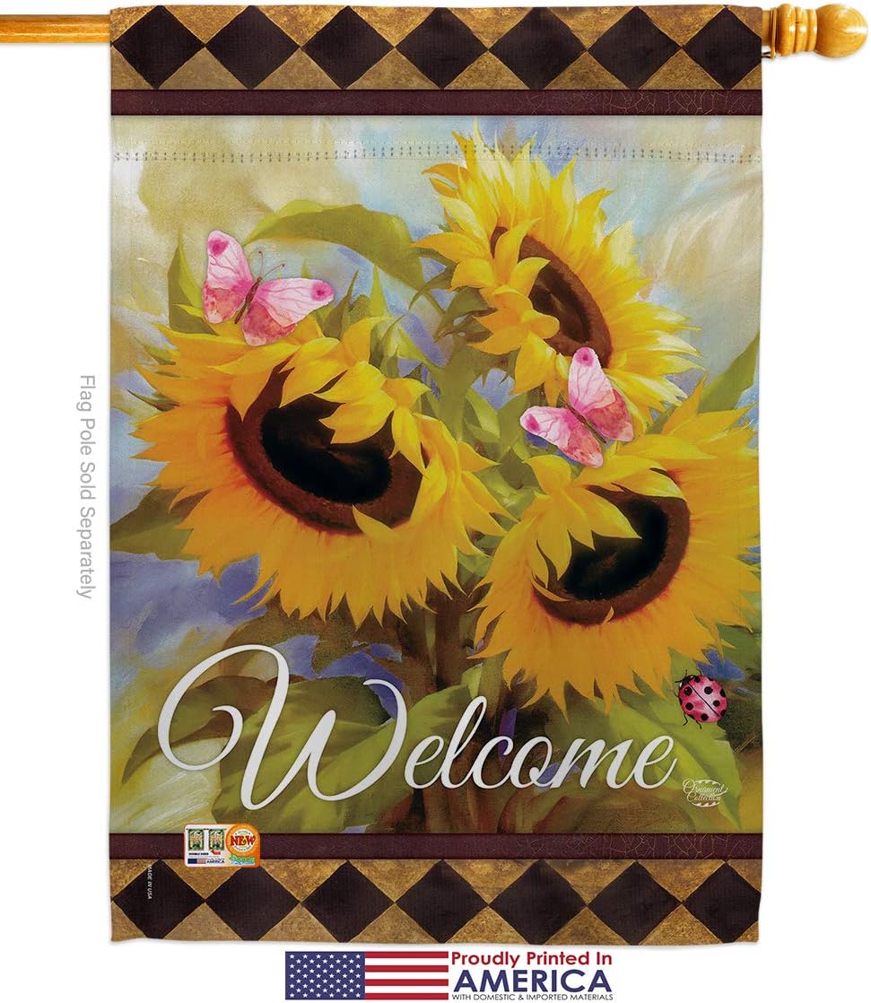 Welcome Sunflower Spring House Flag Garden Floral Tulip Rose Orchid Lilies Season Springtime Flower Wreath Small Decorative Gift Yard Banner Made in USA 28 X 40