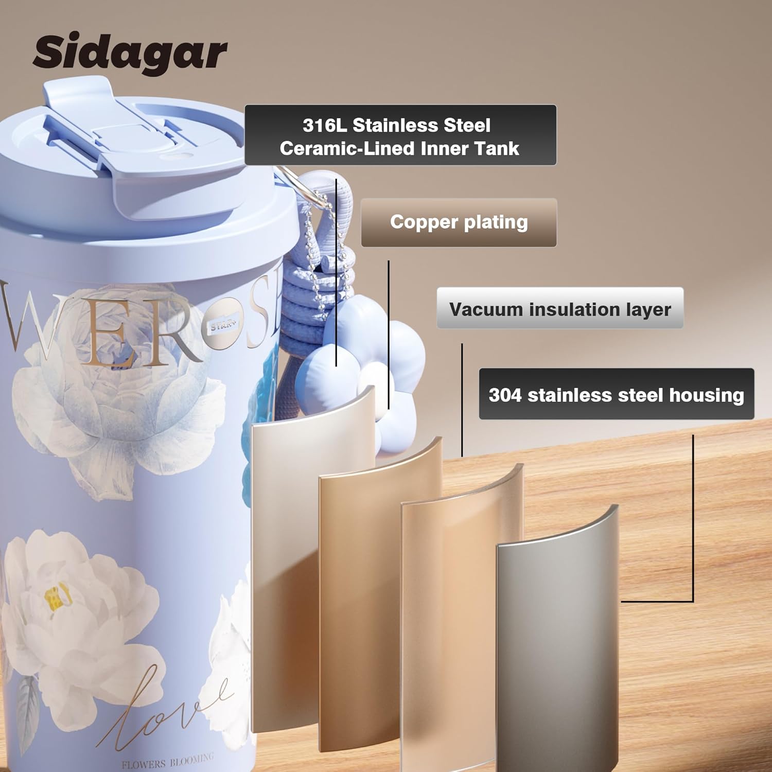 Siidagar Insulated Travel Coffee Mug,18 oz Stainless Steel Coffee Tumbler with Flip Straw, Double Wall Thermal Cup with Leak Proof Lid,Reusable Ceramic Water Bottle for Office,Blue - Image 7