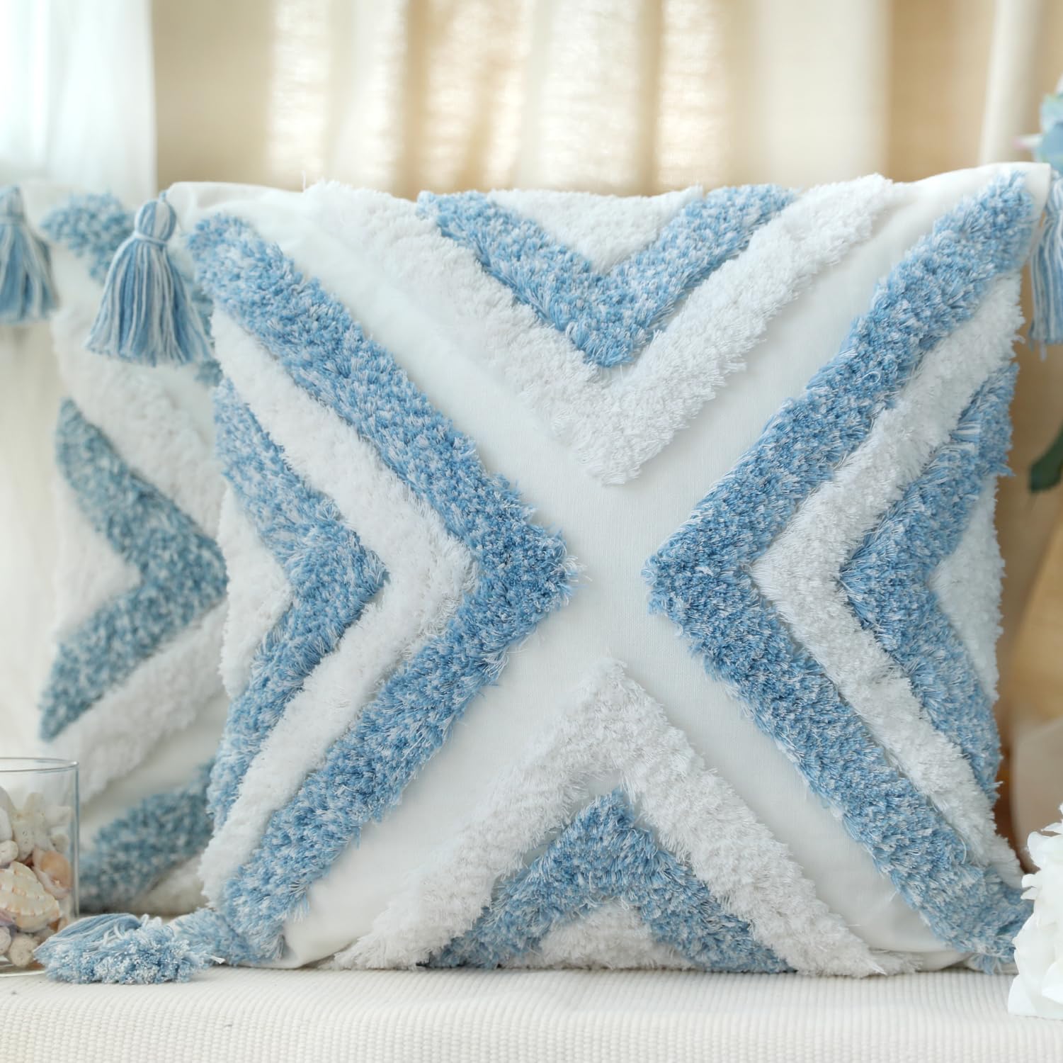 Set of 2 Cotton Woven Boho Throw Pillow Covers, Tufted Decorative Square Pillowcases Covers with Tassels for Couch Sofa Bed, Living Room Sofa, Farmhouse, 20x20 Inch X Blue(2 pcs)