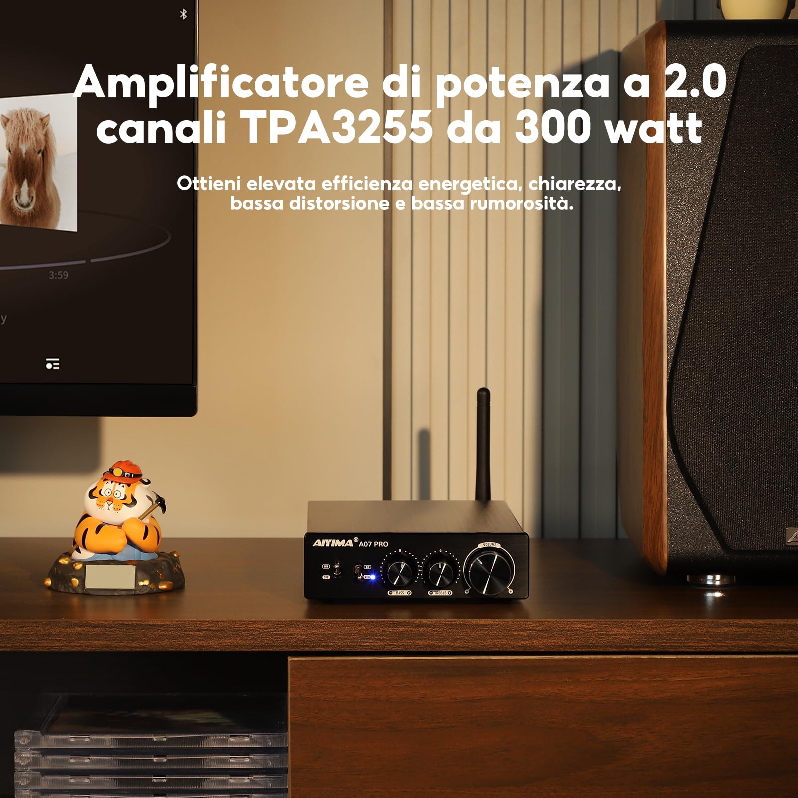 AIYIMA A07PRO TPA3255 - Amplificatore audio 2.0/2.1 canali, 300 W x 2 Classe D Hi-Fi Stereo Amplificatore QCC304X Bluetooth 5.2 con regolazione di altezza e bassi
