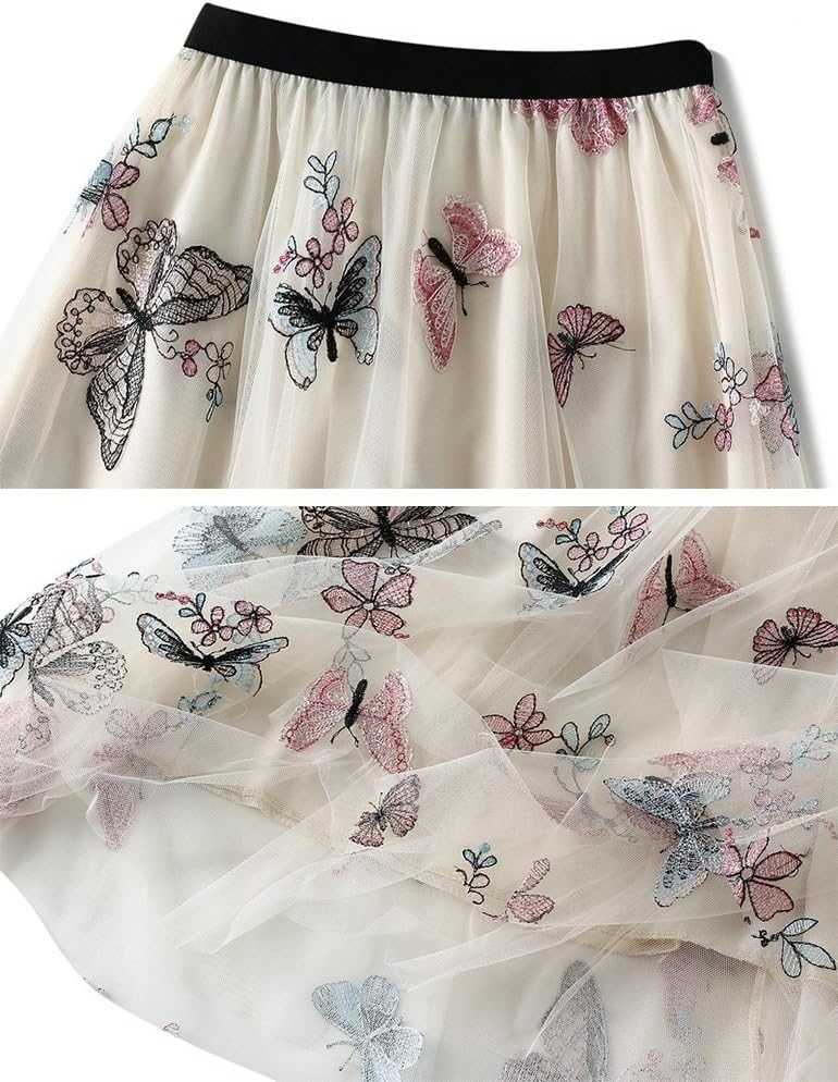 Womens Floral Midi Skirt High Waisted A Line Cute Layered Fairy Mesh Tulle Pleated Skirt - Image 2