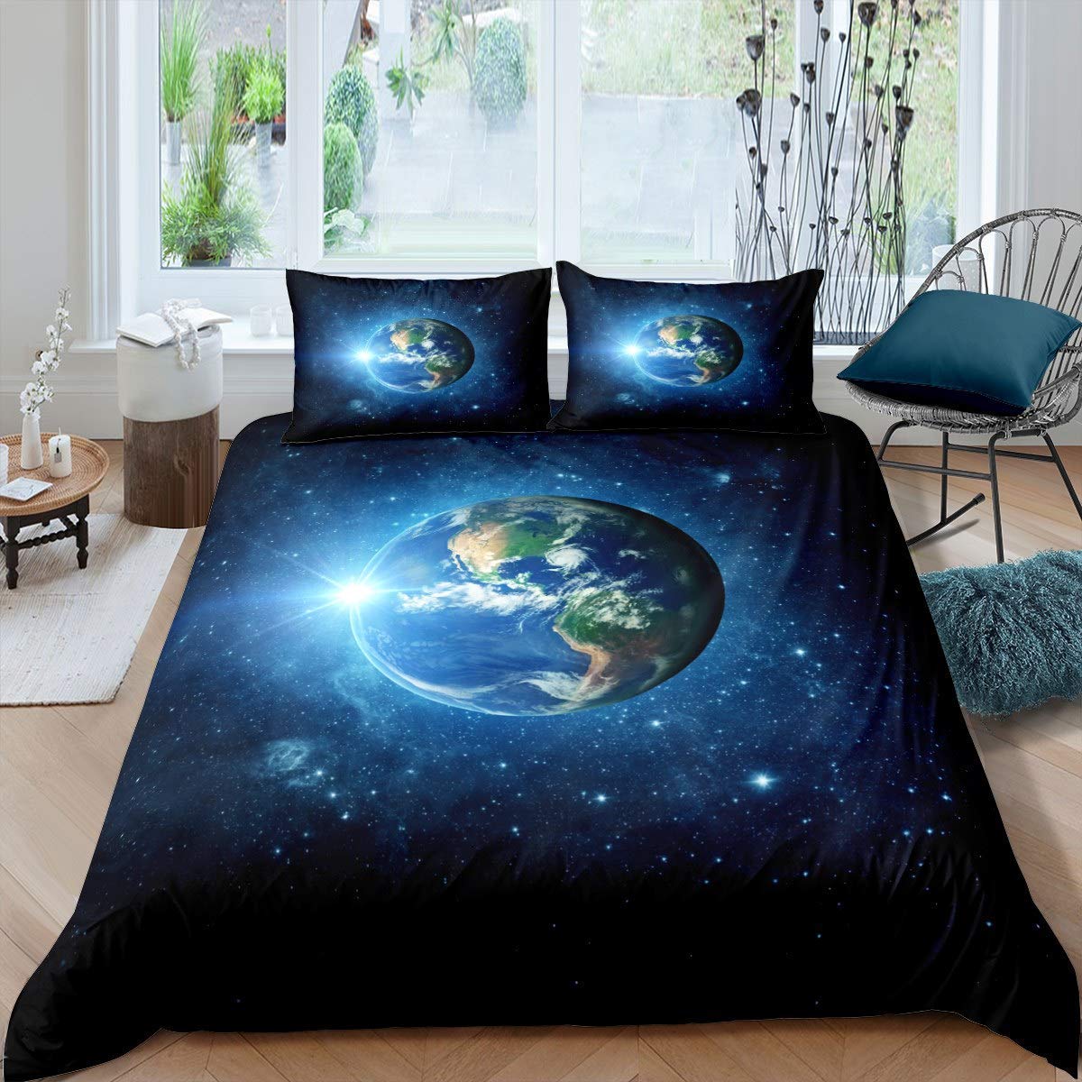 Loussiesd Earth Print Duvet Cover Universe Planet Bedding Set For Kids Boys Girls Children Galaxy Comforter Cover Ultra Soft Blue Milky Way Decor Bedspread Cover Starry Sky Double Size Zipper - Image 3