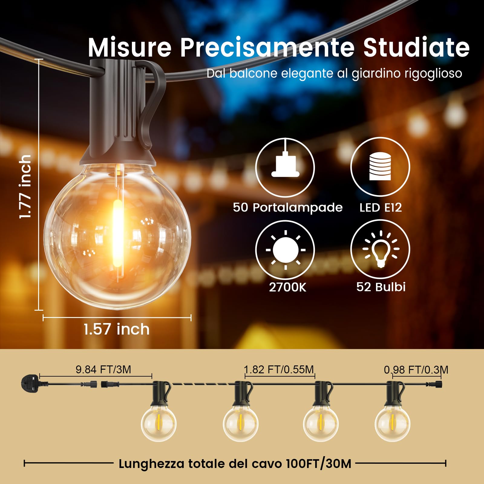 Catena Luminosa Esterno 30M,LED Catena Luminosa con 50+2 Luci G40, 2700K Bianco Caldo, IP45 Per Giardino, Terrazza e Feste