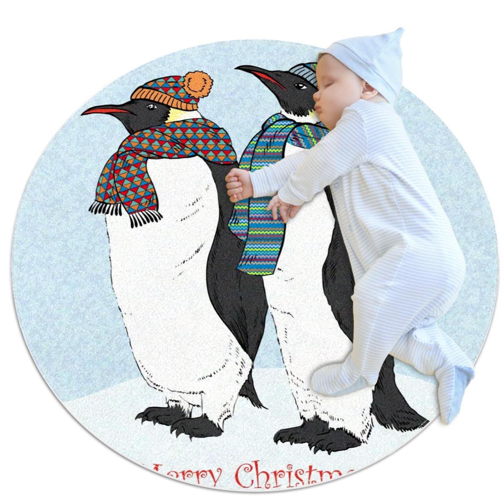 Tapis rond pingouins Noël pour protéger le sol de la salle de jeux et salon