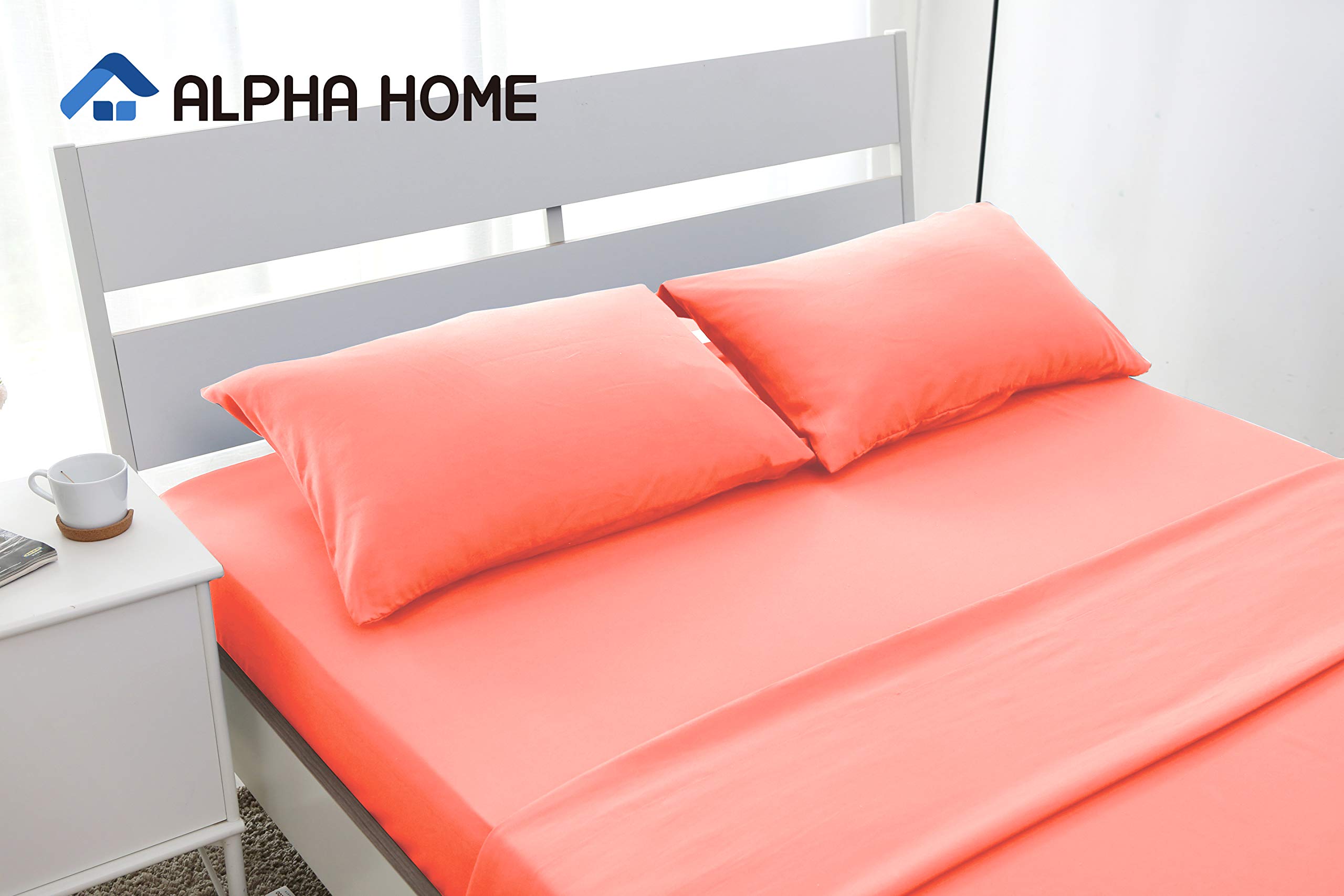 ALPHA HOME 4-Piece Bed Sheet Set - Soft Brushed Microfiber - Wrinkle, Fade, Stain Resistant - Queen, Coral