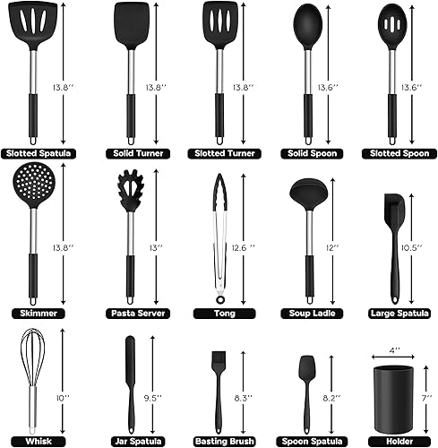 Miniatura 2 de Onader Juego de utensilios de cocina, 15 piezas de utensilios de cocina de silicona con soporte y mango de acero inoxidable resistente al calor para