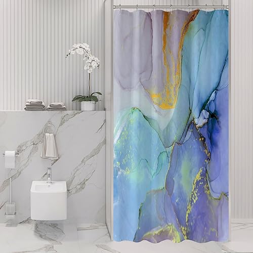 Miniatura 10 de Gibelle - Cortina de ducha abstracta, cortina de ducha de tela de mármol azul gris para baño, juego de cortinas de ducha de arte de tinta moderna