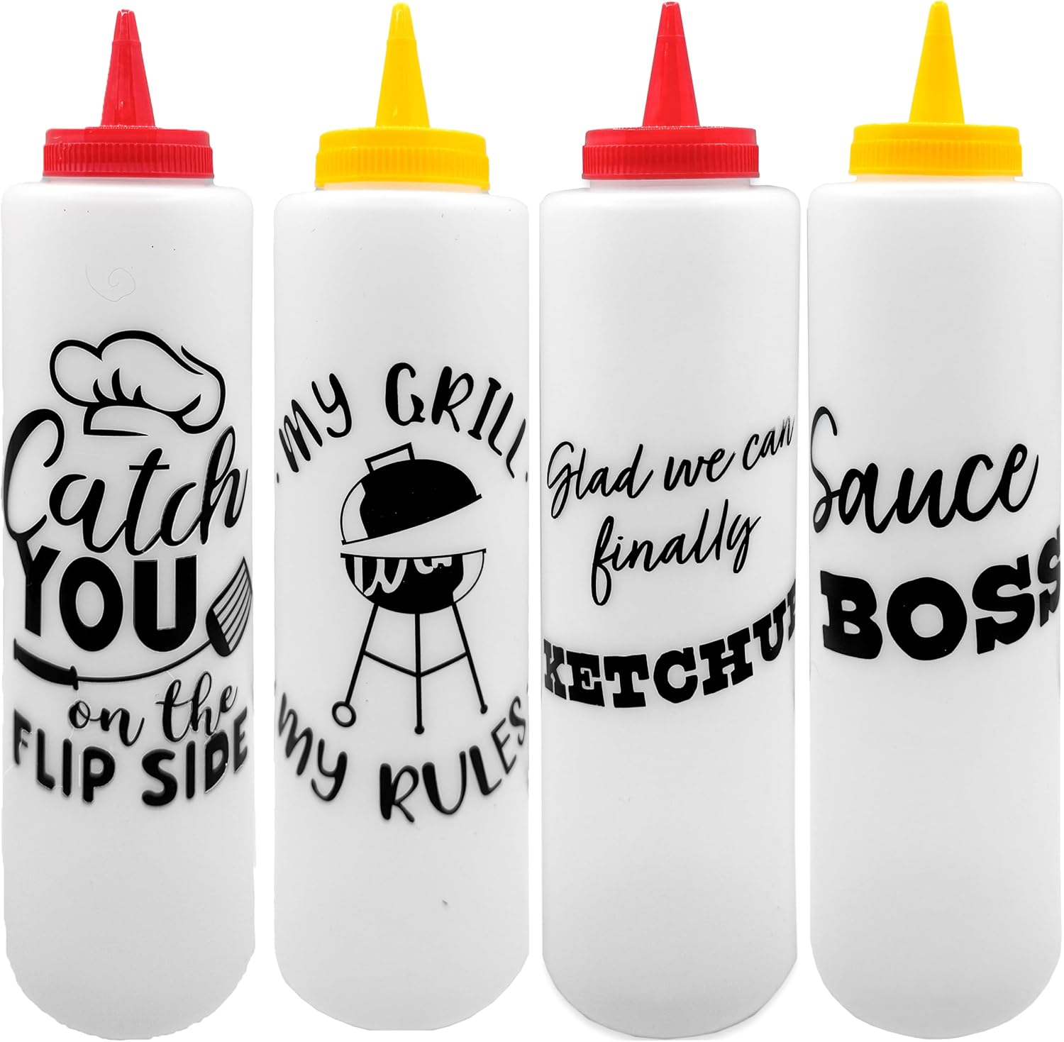 Set of 4 Condiment Squeeze Bottles with Whimsical Phrases & Designs - 14oz - BPA Free - Great for Ketchup, Mustard, Syrup, Sauces, Dressing, Oil, Etc., G23105
