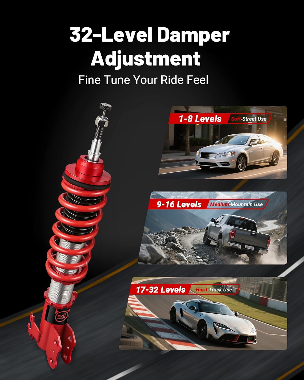 EVIL ENERGY Coilovers Compatible for Toyota Yaris (XP130/XP150) 2013-2019, Height Adjustable Coilovers Lowering Kit with 32-Level Damper Adjustment, Red
