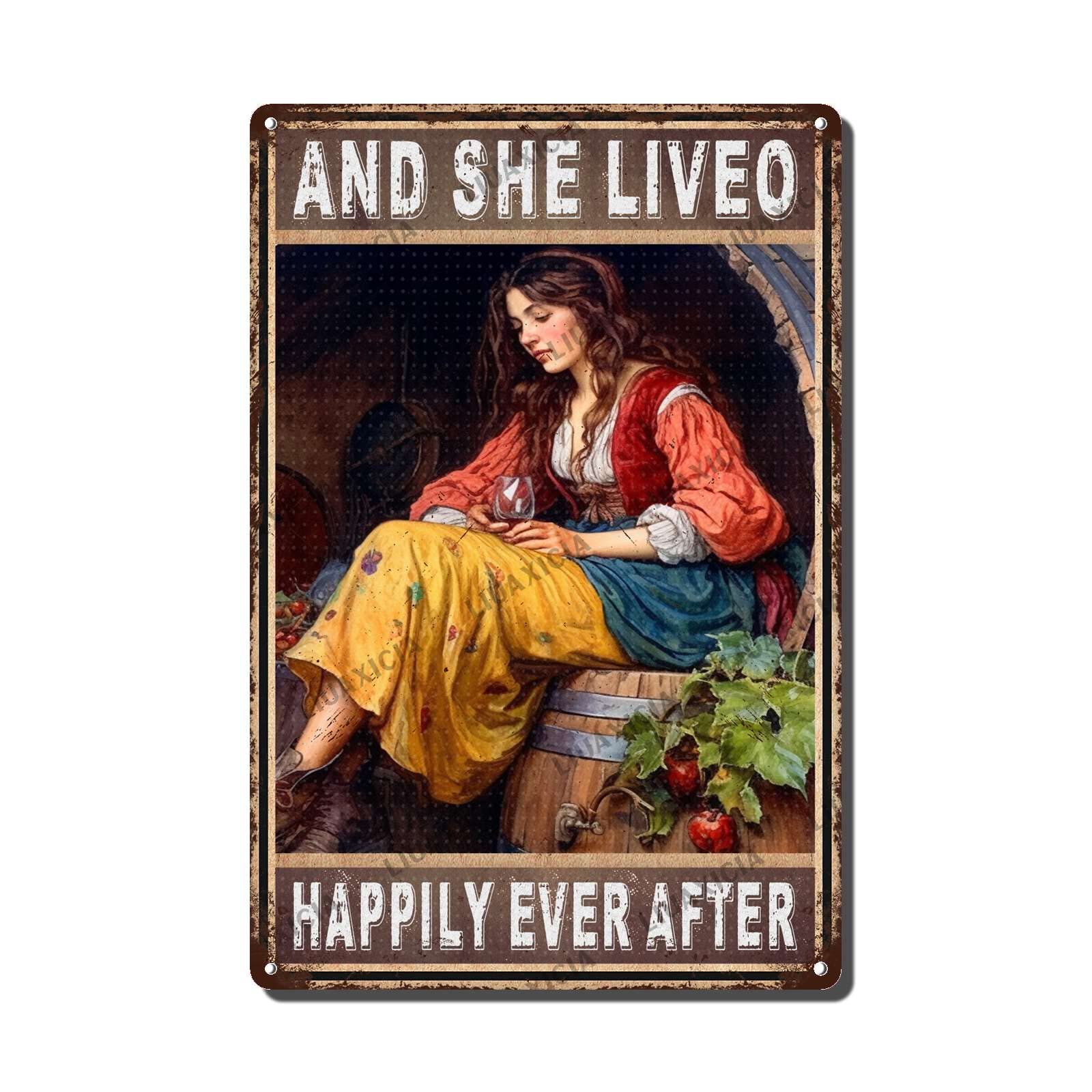 peiyeety Metal Tin Sign And She Lived Happily Ever After Woman Vintage Decorative Wall Art,Retro Whimsical Rustic Plaque for Home Living Room Bedroom Garden Patio,8x12 Inch