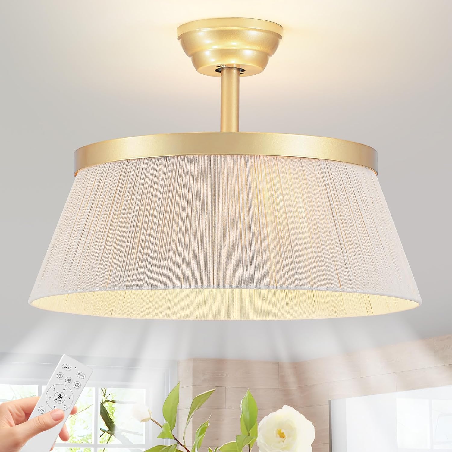 20" Boho Rattan Caged Ceiling Fan with Lights, Flush Mount Low Profile Enclosed 6-Speed Fandelier with Remote Control for Bedroom, Living Room, Kitchen