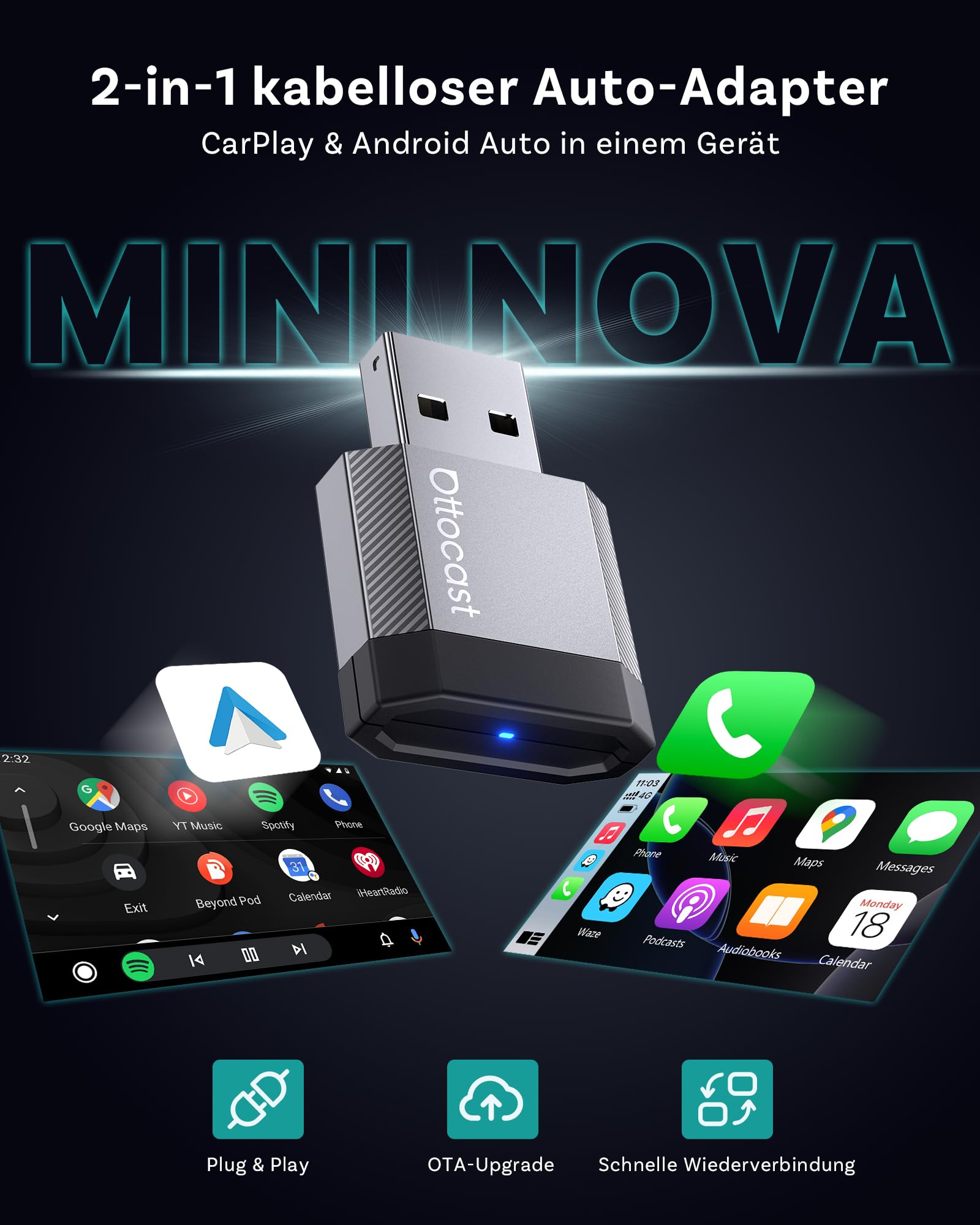 OTTOCAST Mini Nova 2026 Upgraded, Kabelloses CarPlay & Android Auto Adapter, Dual-Band WiFi, Bluetooth 5.0, Plug & Play USB, Für OEM Kabel-CarPlay Fahrzeuge ab 2016