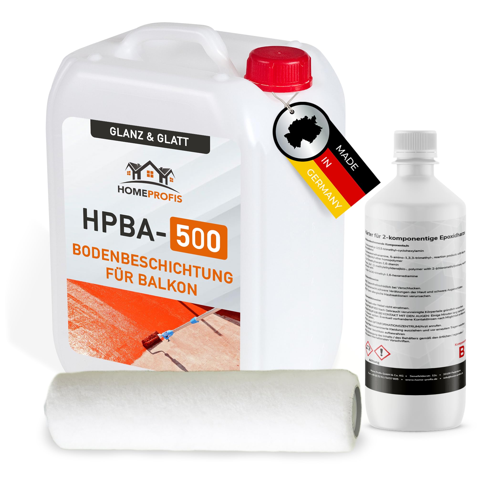 Home Profis® glänzender Balkonboden inkl. Walze (50m²) | Über 30 Farben | Beton, Estrich & Fliesen | Flüssigkunststoff Außen | 2K Epoxidharz Bodenbeschichtung | RAL 7023 Betongrau | HPBA-500
