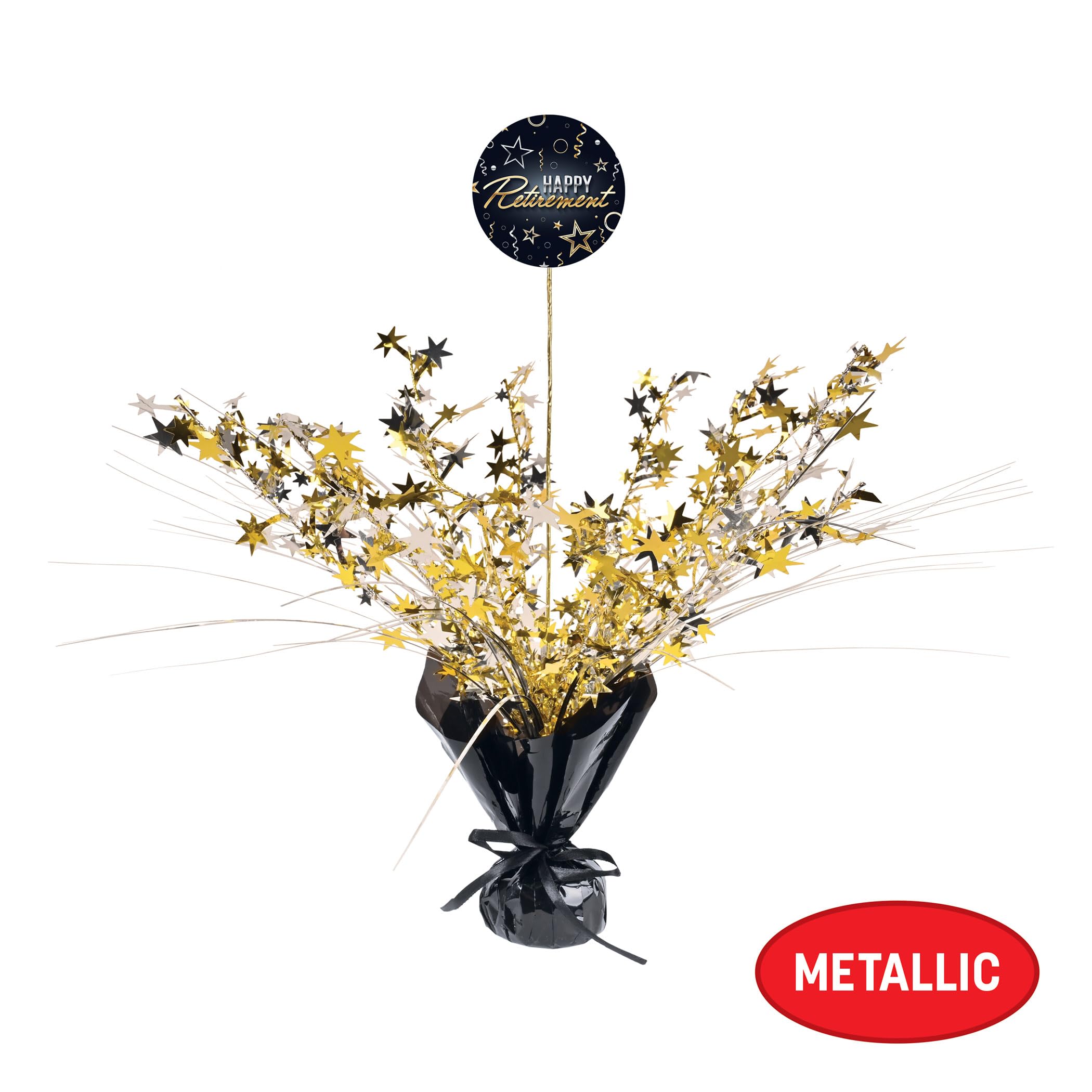 Beistle Happy Retirement Gleam 'N Spray Centrotavola – Confezione da 2 centrotavola in metallo nero oro e argento, decorazioni per feste per banchetti, invii in ufficio, eventi celebrativi pietra