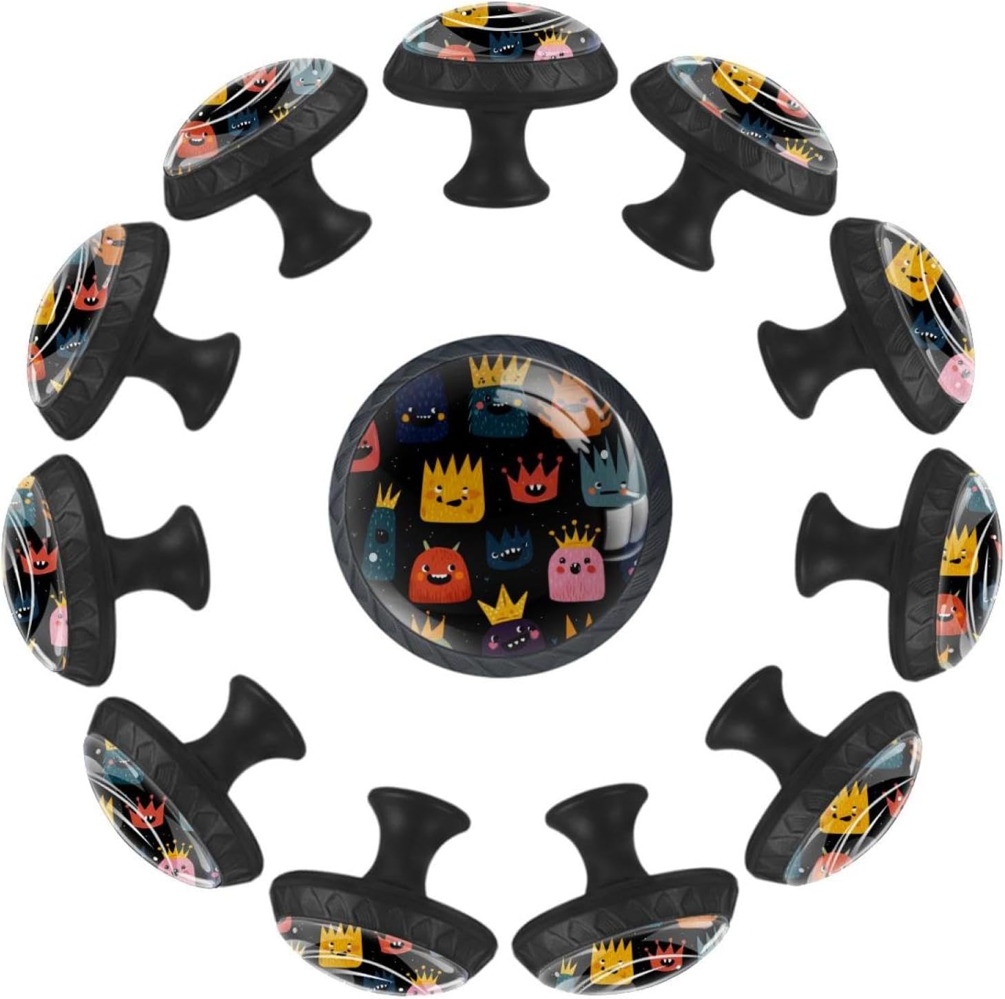 Black Base Cute Crowns Pattern (1) Printed Drawer Knobs, Elegant Cabinet Pulls for Kitchen Bedroom, Furniture Hardware for Dresser Closet