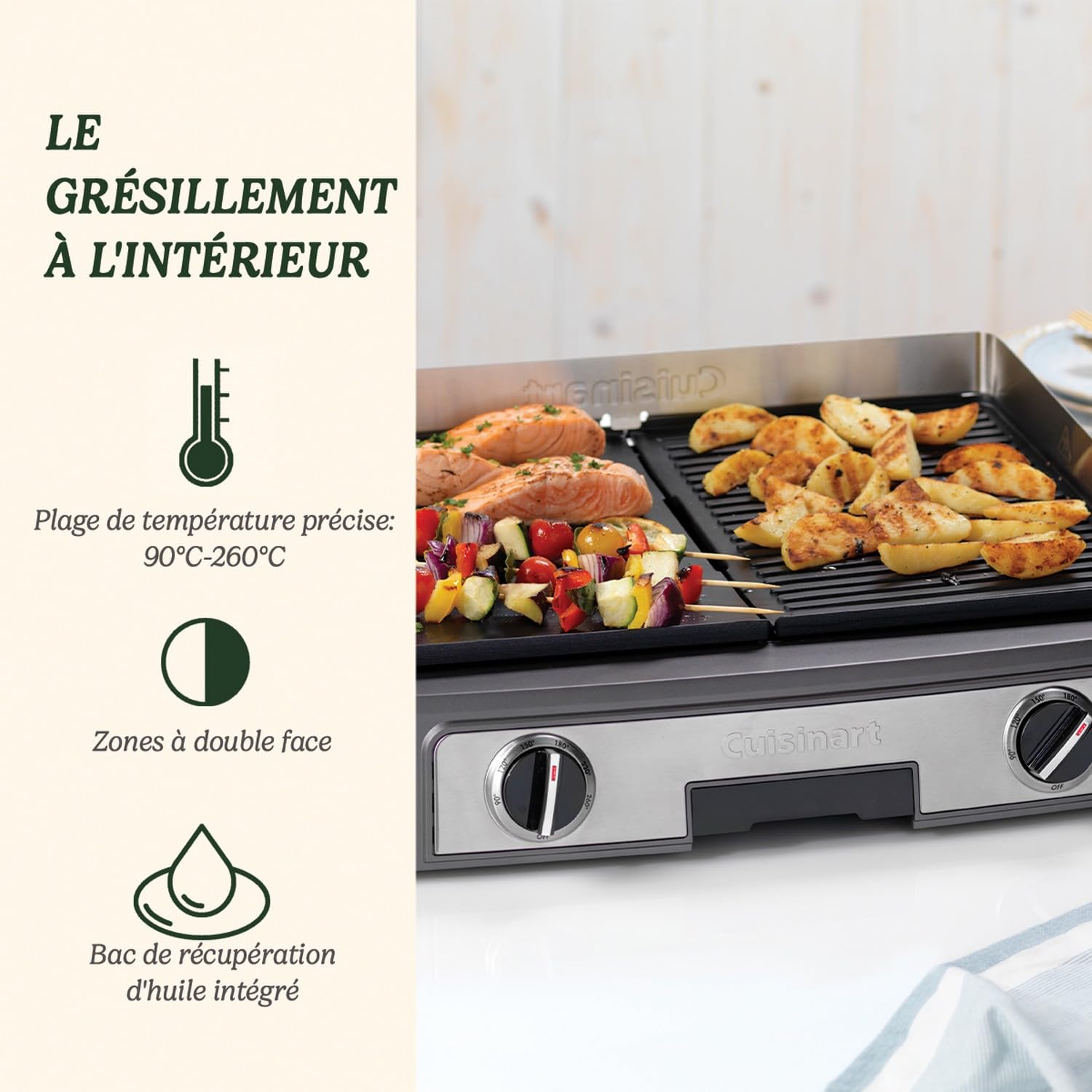 Cuisinart Plancha Entertaining Gril Double Face- Grande Plancha Electrique, Plaque de Cuisson Teppanyaki pour la maison - Plaque amovible non adhérente, Deux zones de température allant jusqu'à 260°C