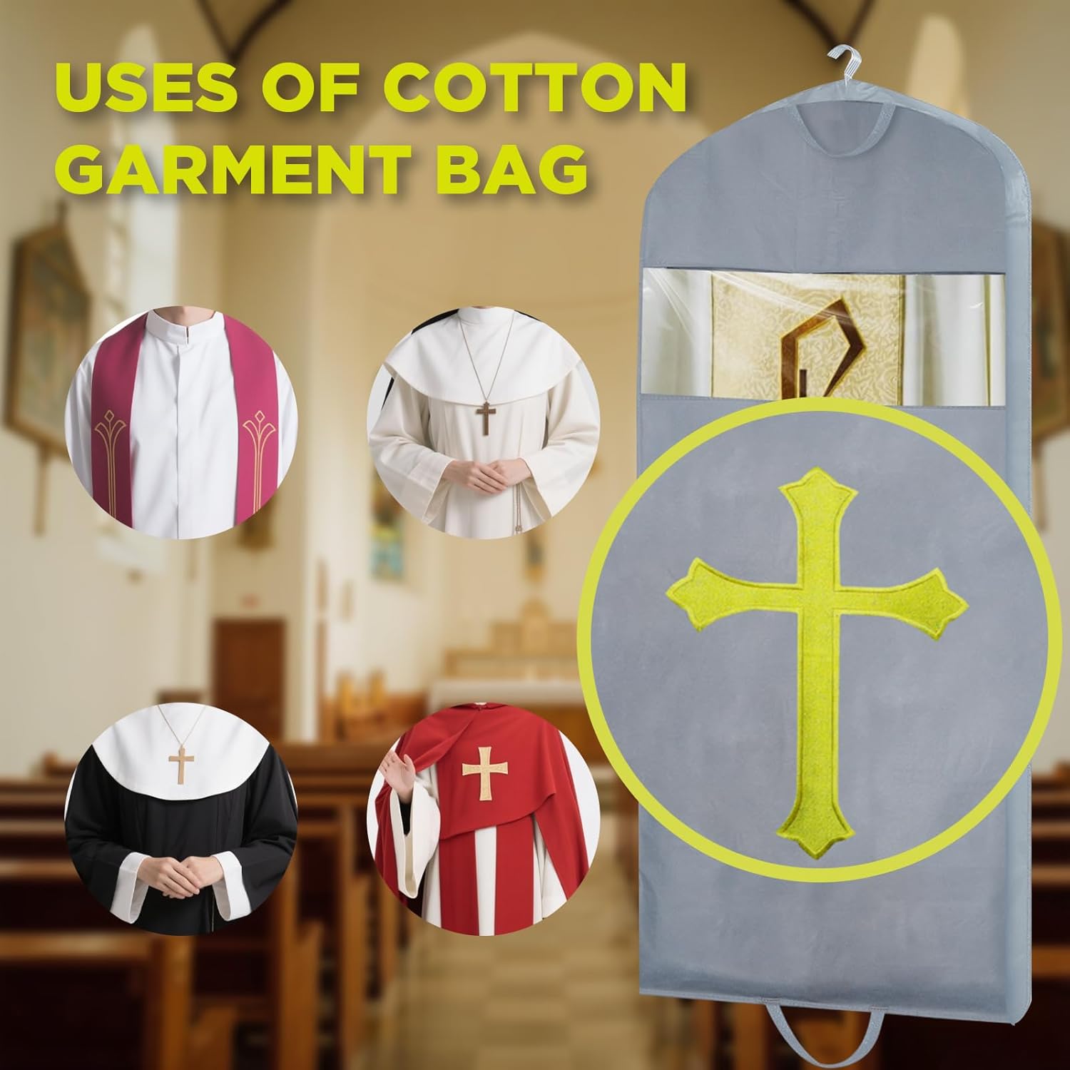 Clergy Personalized Garment bag for Hanging Clothes - Gold Embroidered Cross With Window- Ideal for Clergy Robe, Clergy Dresses for Women,Clergy Robes for Men Cover Bag (Gray, 60 Inch/152cm)