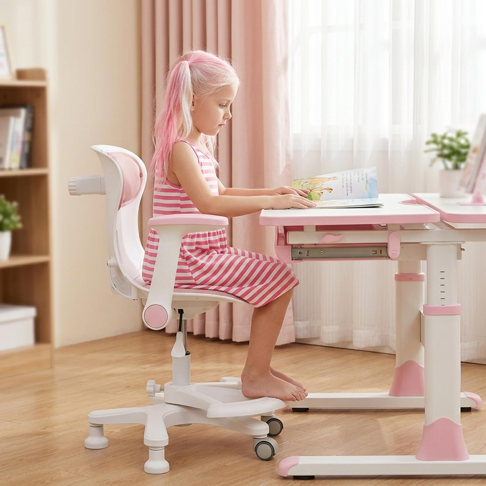 Chaise de Bureau Enfant, Siege Enfant reglable, Fauteuil Etude Ergonomique pivotant 360 degres, Hauteur Ajustable, accoudoirs relevables, Repose Pieds, Chaise Ordinateur Garcon Fille (Pink)
